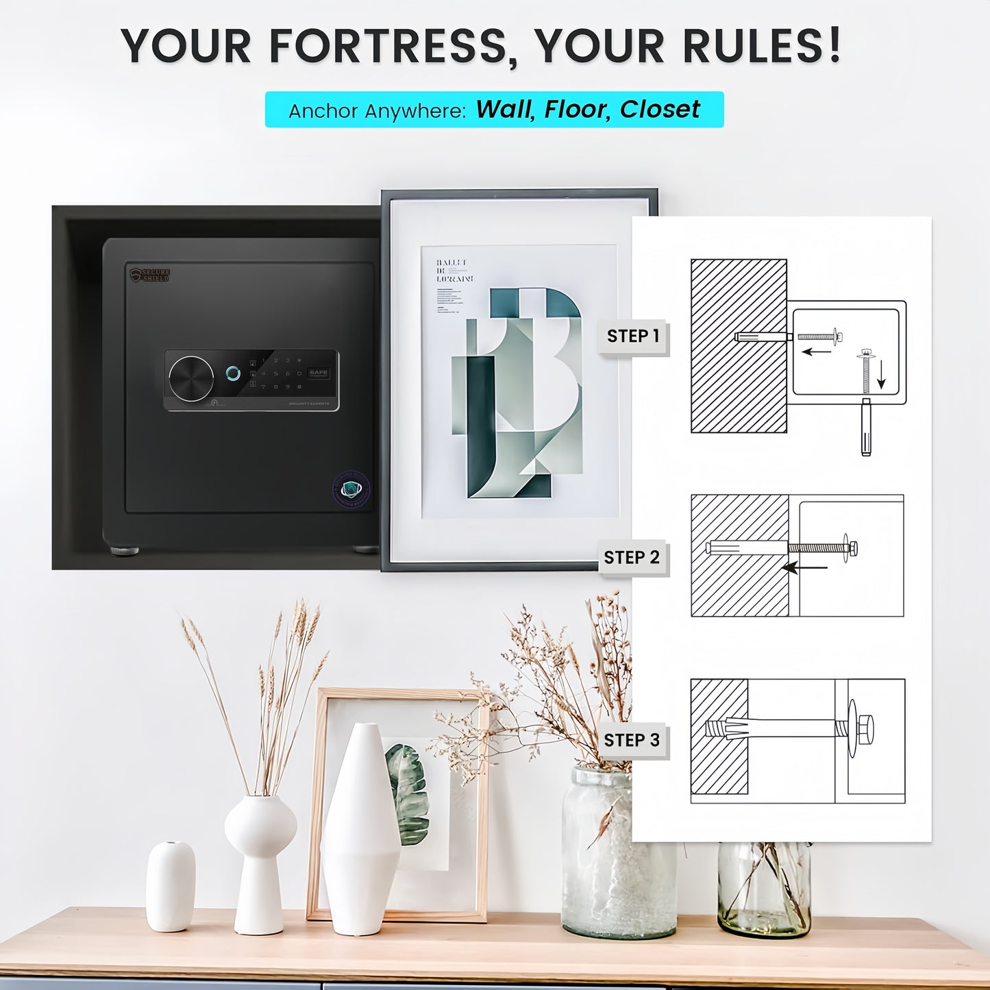 25cm High Safe Box Fingerprint Safety Box Horizontal LCD Touch Screen - Matte Black