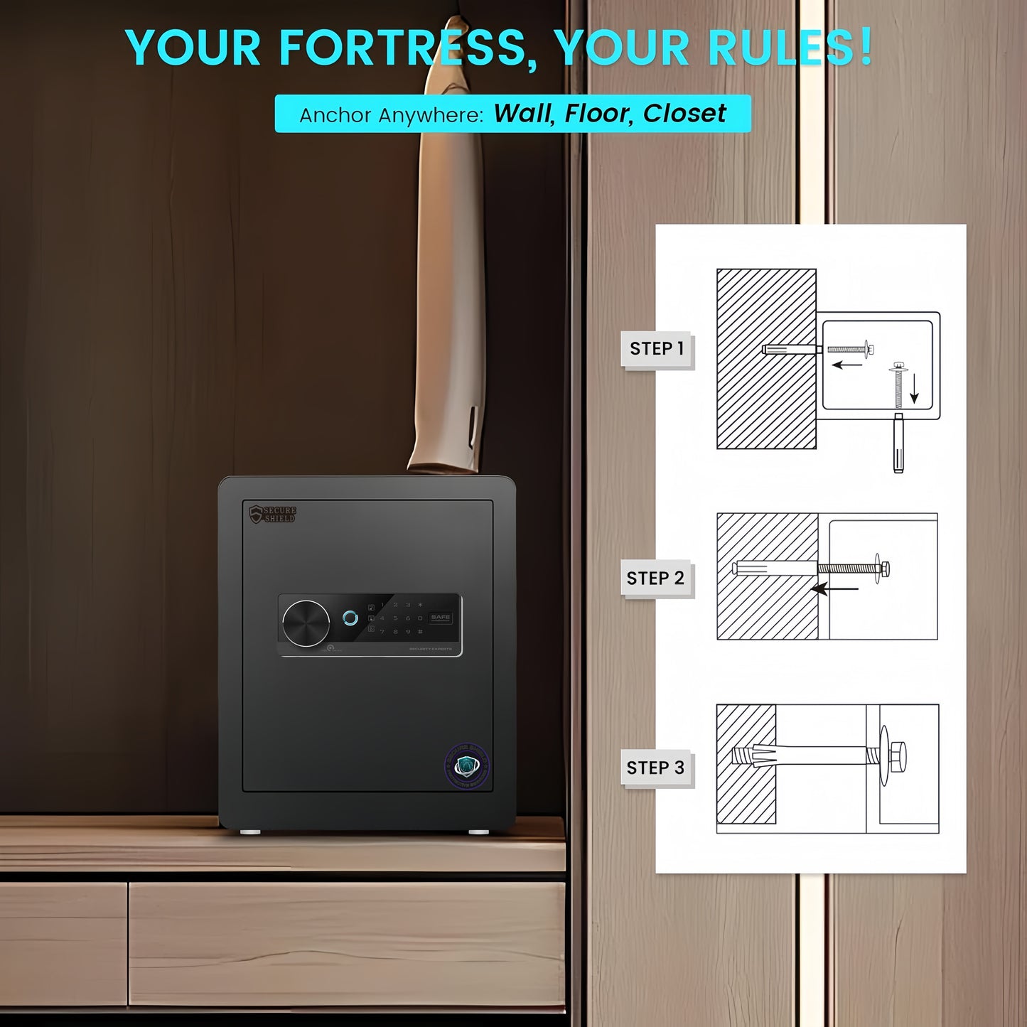 45cm High Safe Box Fingerprint Safety Box Horizontal LCD Touch Screen - Matte Black
