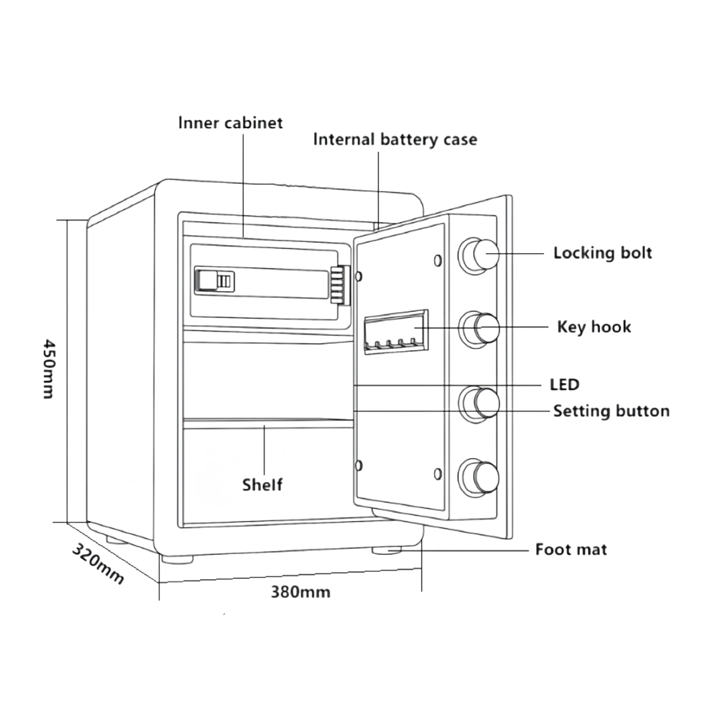 45cm High Safe Box Fingerprint Safety Box Horizontal LCD Touch Screen - Matte Black