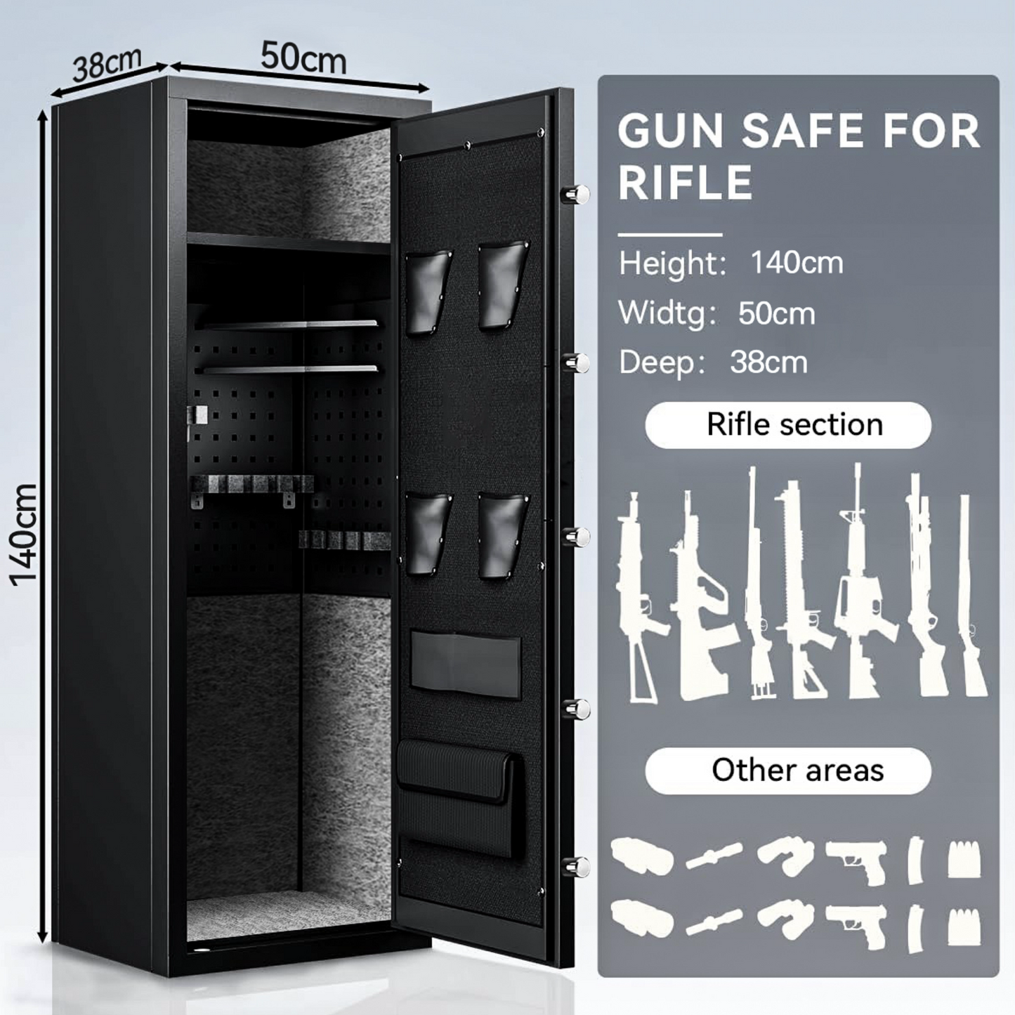 140cm High 9 Rifle Safes Box Biometric Fingerprint 4 Gun Safety Box - Black