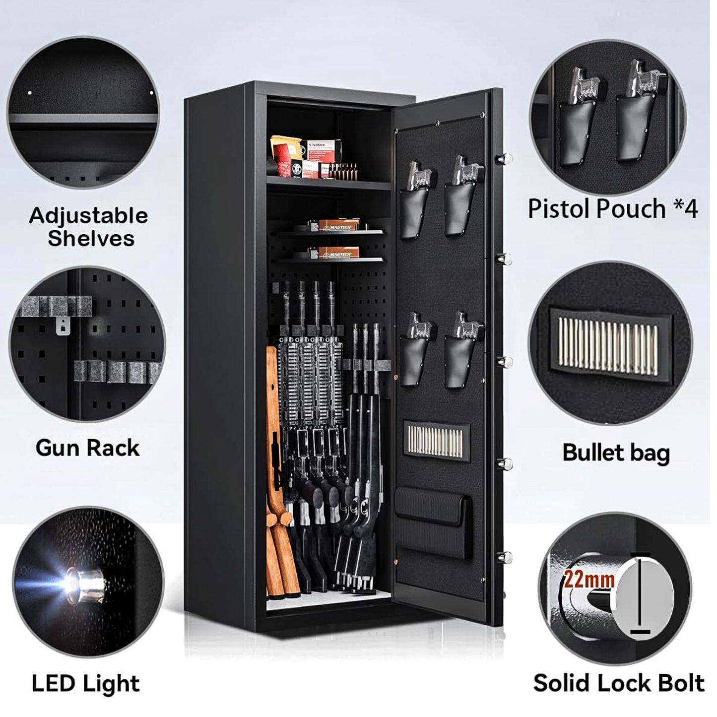 140cm High 9 Rifle Safes Box Biometric Fingerprint 4 Gun Safety Box - Black