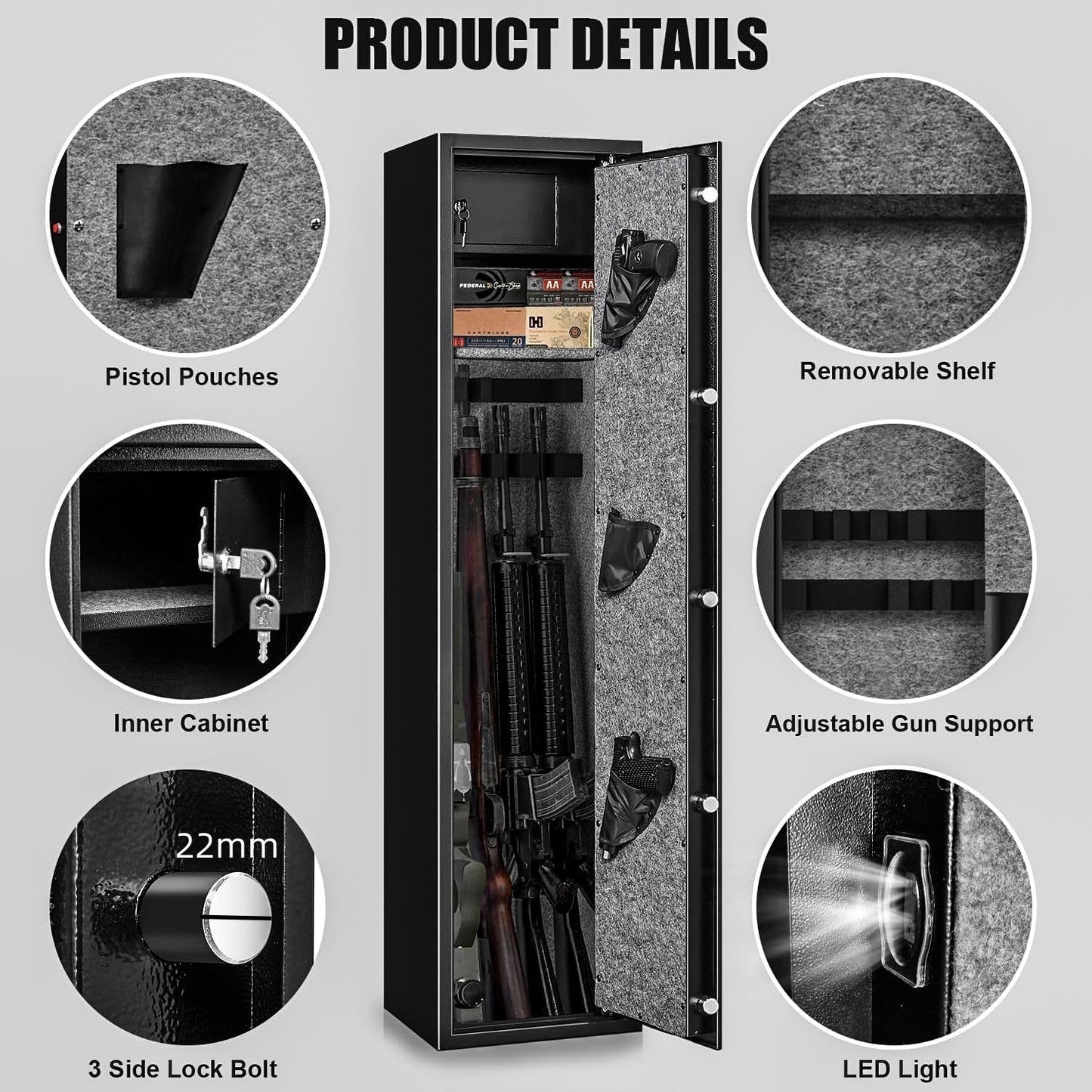 145cm High 5 Rifle Safes Box Biometric Fingerprint 3 Gun Safety Box - Black
